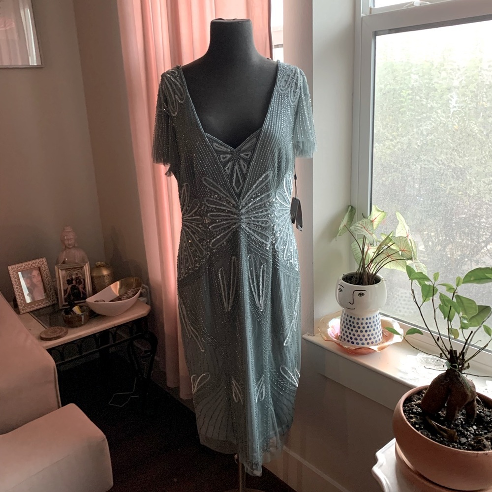 Fully beaded gorgeous misty blue cocktail dress.